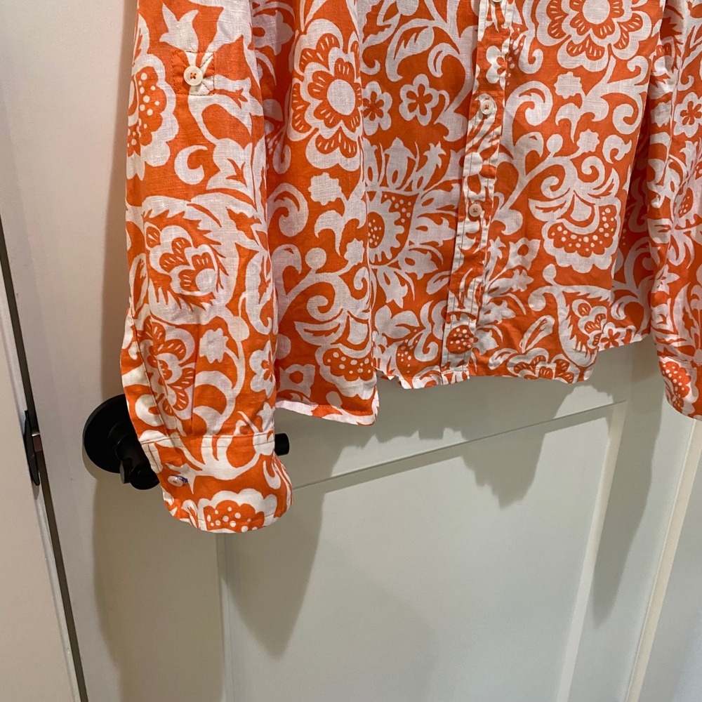 Talbots Orange White Floral Paisley 100% Linen Button Down Shirt Womens XL - Picture 3 of 6